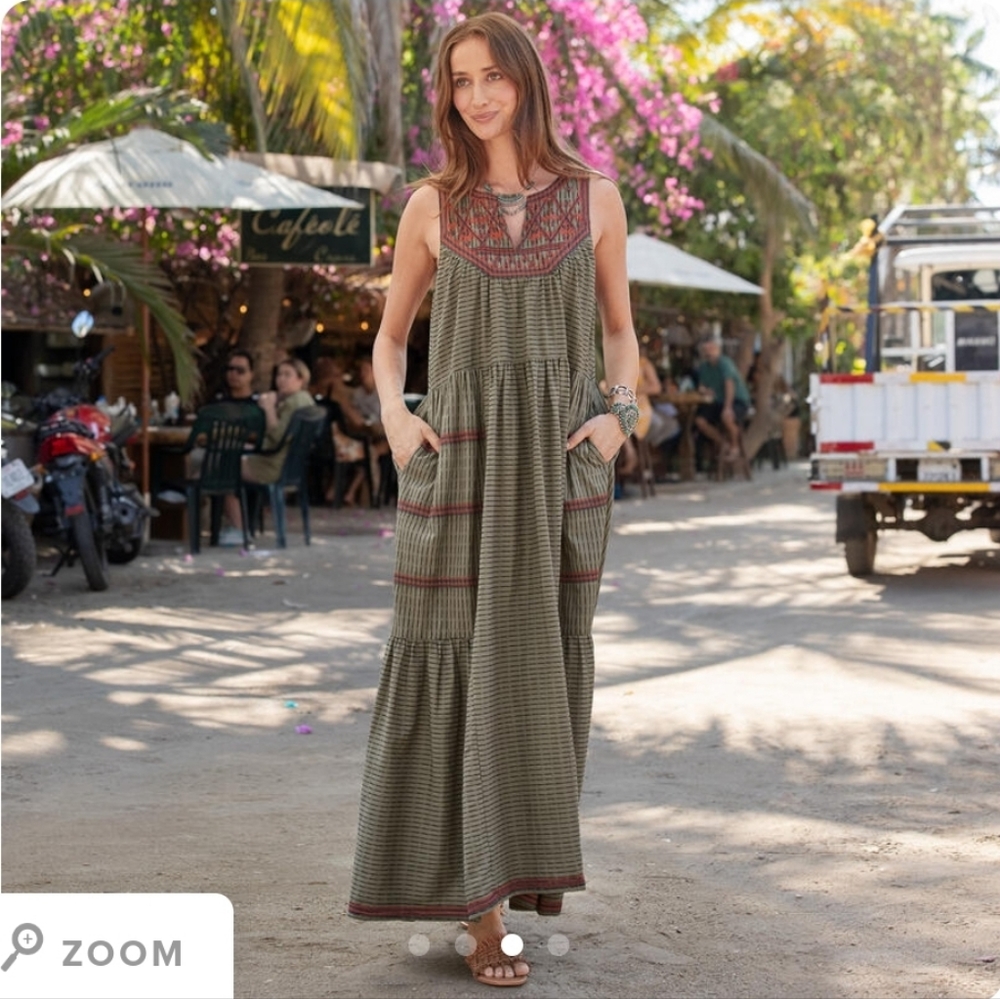 Embroidered Maxi Dress in Olive Green
